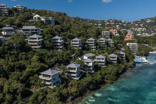 Aerial view of hillside showing Point Pleasant Villas in St. Thomas
