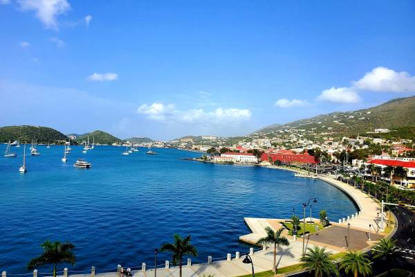 Panoramic view of Charlotte Amalie harbor in St. Thomas, U.S. Virgin Islands, featuring turquoise-blue water, sailboats anchored in the bay, a palm-lined waterfront promenade, and hillside buildings under a clear blue sky.
