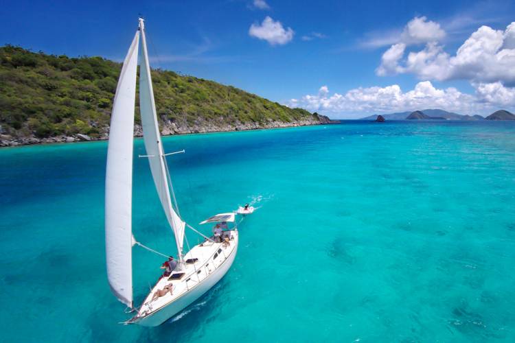 aerial view of a sailboat under full sails sailing through the Caribbean